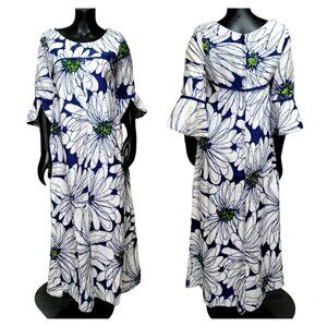 Vintage 60s 70s Royal Hawaiian‎ Blue White Mod Daisy Floral Barkcloth Tiki Dress